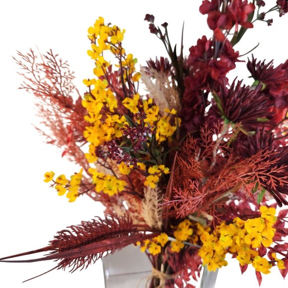 Hand Tied Artificial Flower Bouquet With Dark Reds and Yellow Wildflower mixture - Picture 8 of 13